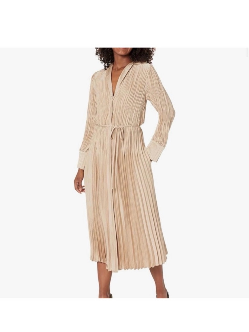Vince Beige Pleated Long-Sleeve Midi Dress